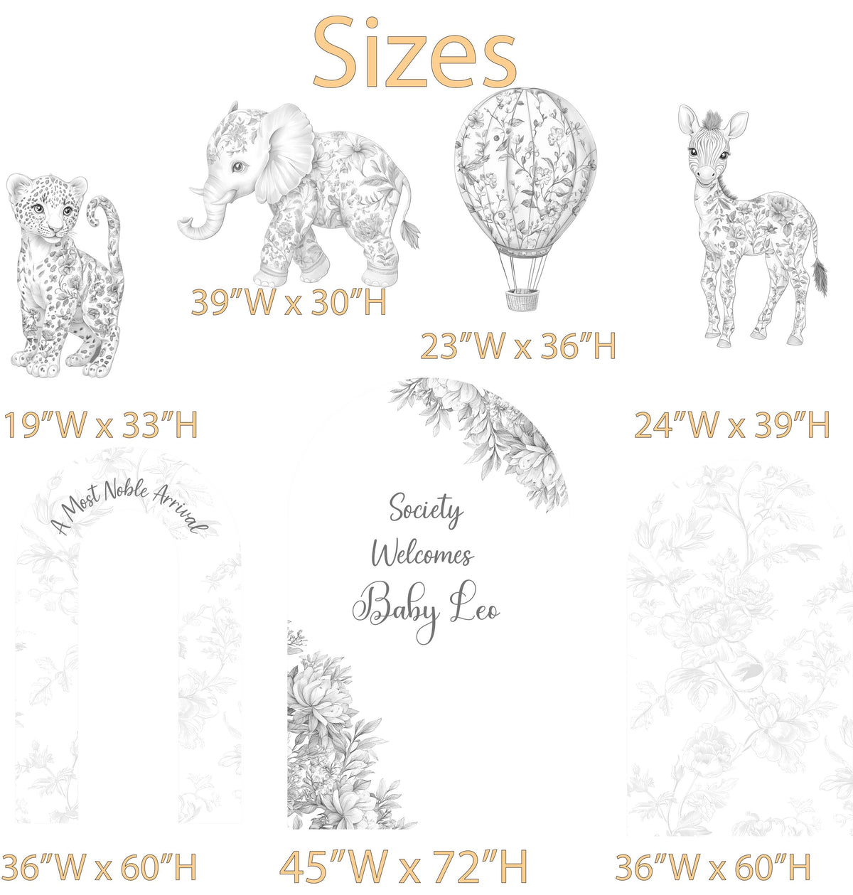 Gray Toile Safari Animals Cutouts, Chinoiserie, Toile de Jouy Backdrop, Baby Shower Decor, 1st Birthday, Baby Boy