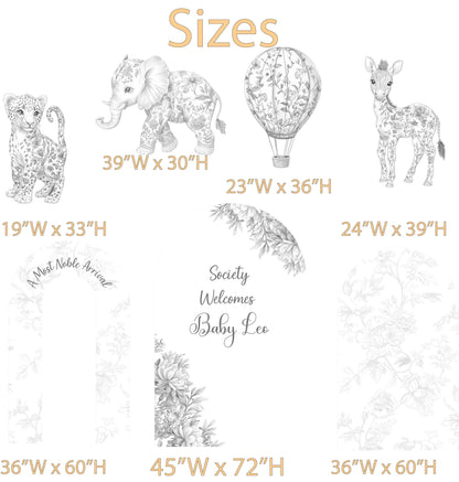 Gray Toile Safari Animals Cutouts, Chinoiserie, Toile de Jouy Backdrop, Baby Shower Decor, 1st Birthday, Baby Boy