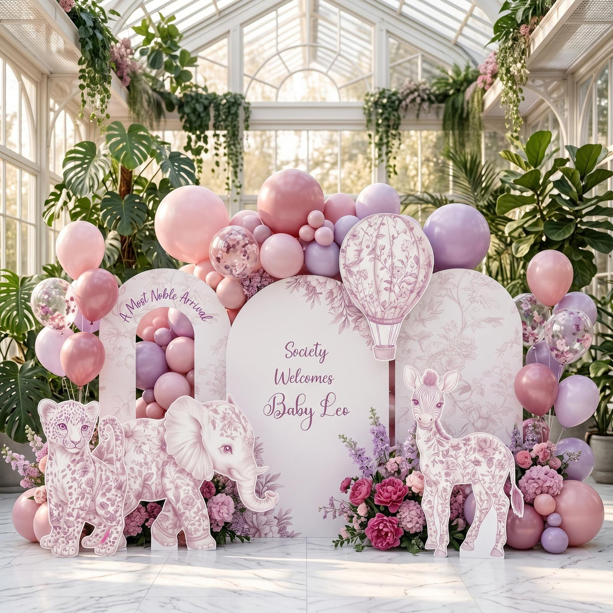 Pink Toile Safari Animals Cutouts, Chinoiserie, Toile de Jouy Backdrop, Baby Shower Decor, 1st Birthday, Baby Girl