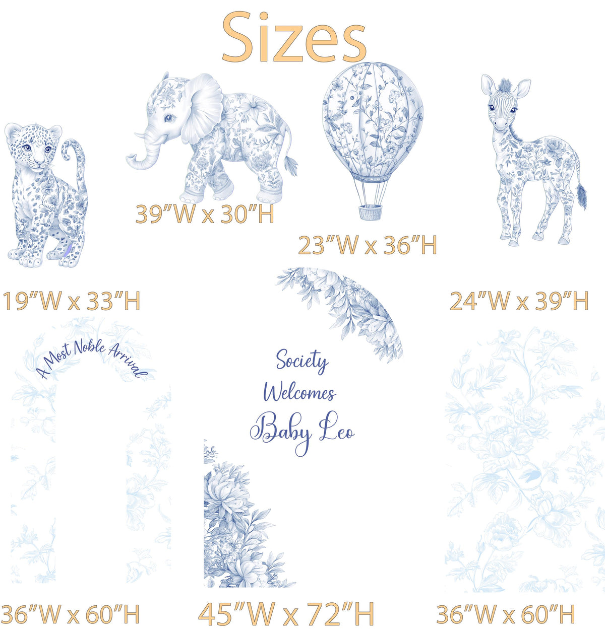 Blue Toile Safari Animals Cutouts, Chinoiserie, Toile de Jouy Backdrop, Baby Shower Decor, 1st Birthday, Baby Boy