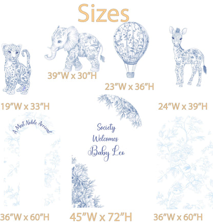 Blue Toile Safari Animals Cutouts, Chinoiserie, Toile de Jouy Backdrop, Baby Shower Decor, 1st Birthday, Baby Boy