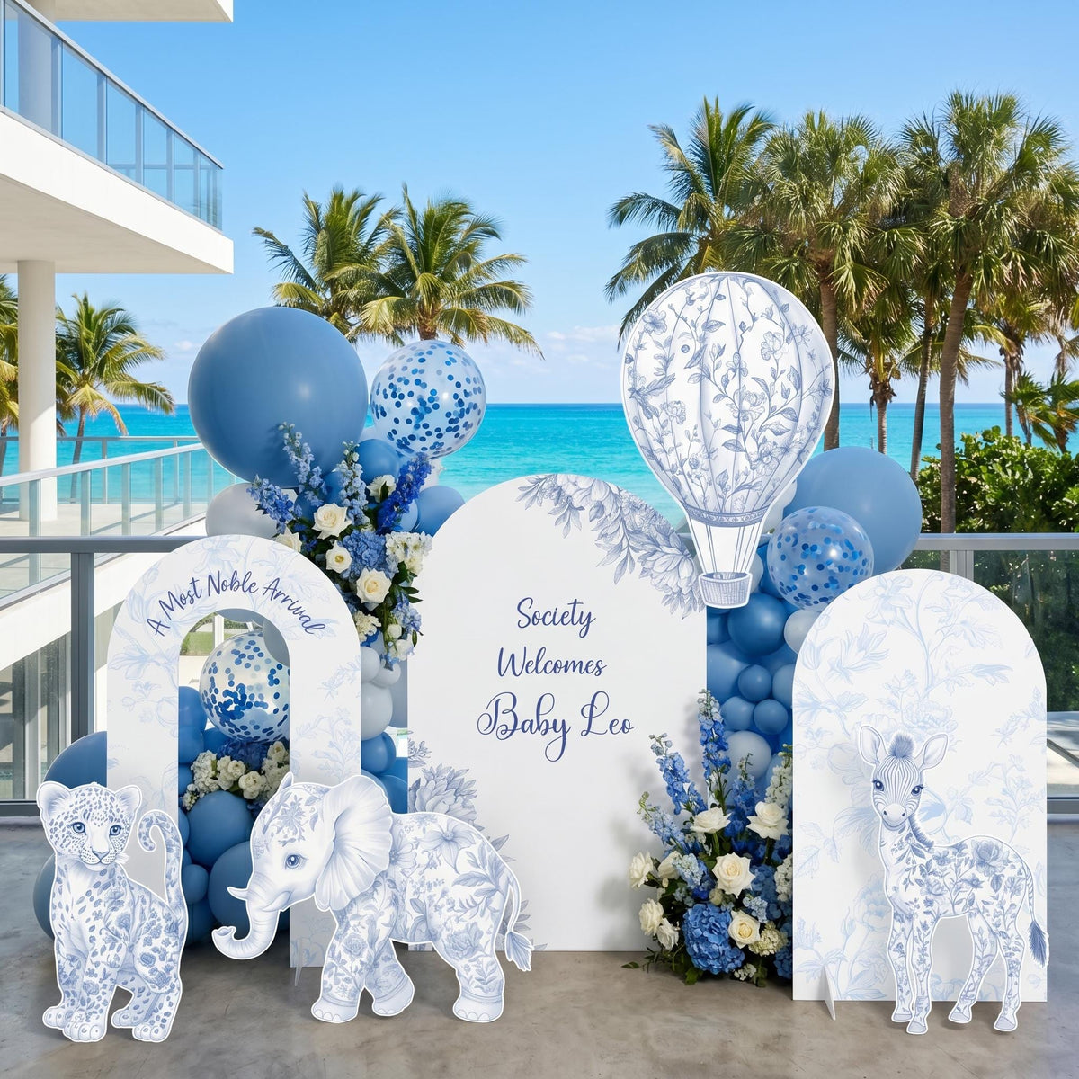 Blue Toile Safari Animals Cutouts, Chinoiserie, Toile de Jouy Backdrop, Baby Shower Decor, 1st Birthday, Baby Boy
