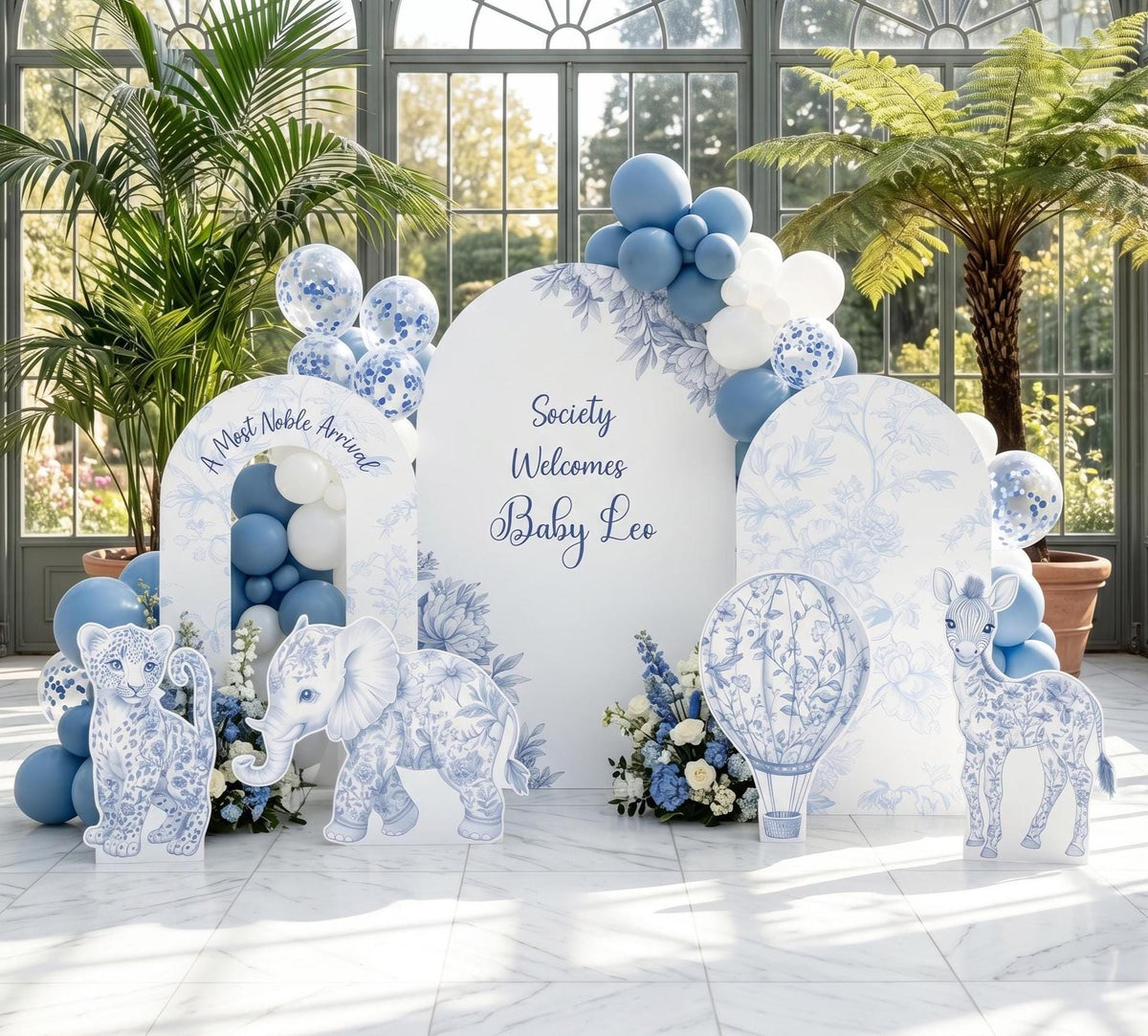 Blue Toile Safari Animals Cutouts — custom party decor, printed and cut to shape