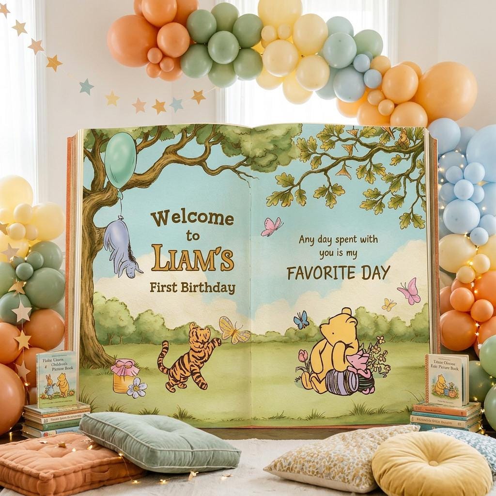 Honey Bear Large Backdrop (Green Woodland Storybook), Storybook, Open Book, First Birthday Decor, Welcome Sign, New Baby, Fairytale