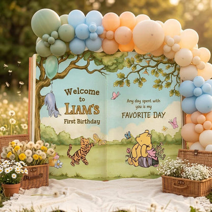 Honey Bear Large Backdrop (Green Woodland Storybook), Storybook, Open Book, First Birthday Decor, Welcome Sign, New Baby, Fairytale