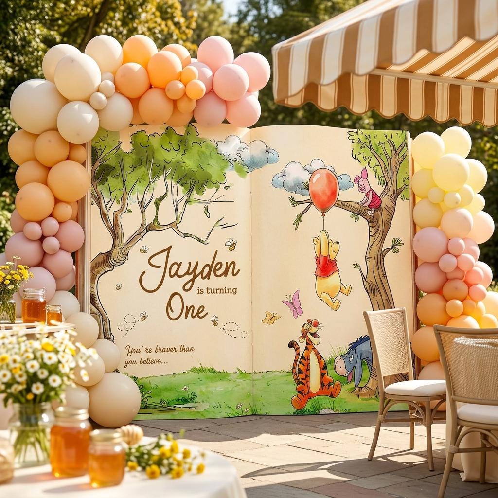 Honey Bear Large Backdrop (Blue Sky Storybook), Storybook, Open Book, First Birthday Decor, Welcome Sign, New Baby, Fairytale