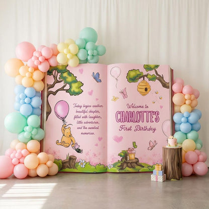 Honey Bear Pink Backdrop (Fairy Tale Pink Book), Storybook, Open Book, First Birthday Decor, Welcome Sign, Baby Girl, Fairytale