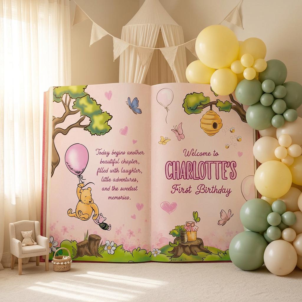 Honey Bear Pink Backdrop (Fairy Tale Pink Book), Storybook, Open Book, First Birthday Decor, Welcome Sign, Baby Girl, Fairytale