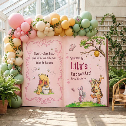 Honey Bear Pink Backdrop (Enchanted Pink Book), Storybook, Open Book, First Birthday Decor, Welcome Sign, Baby Girl, Fairytale