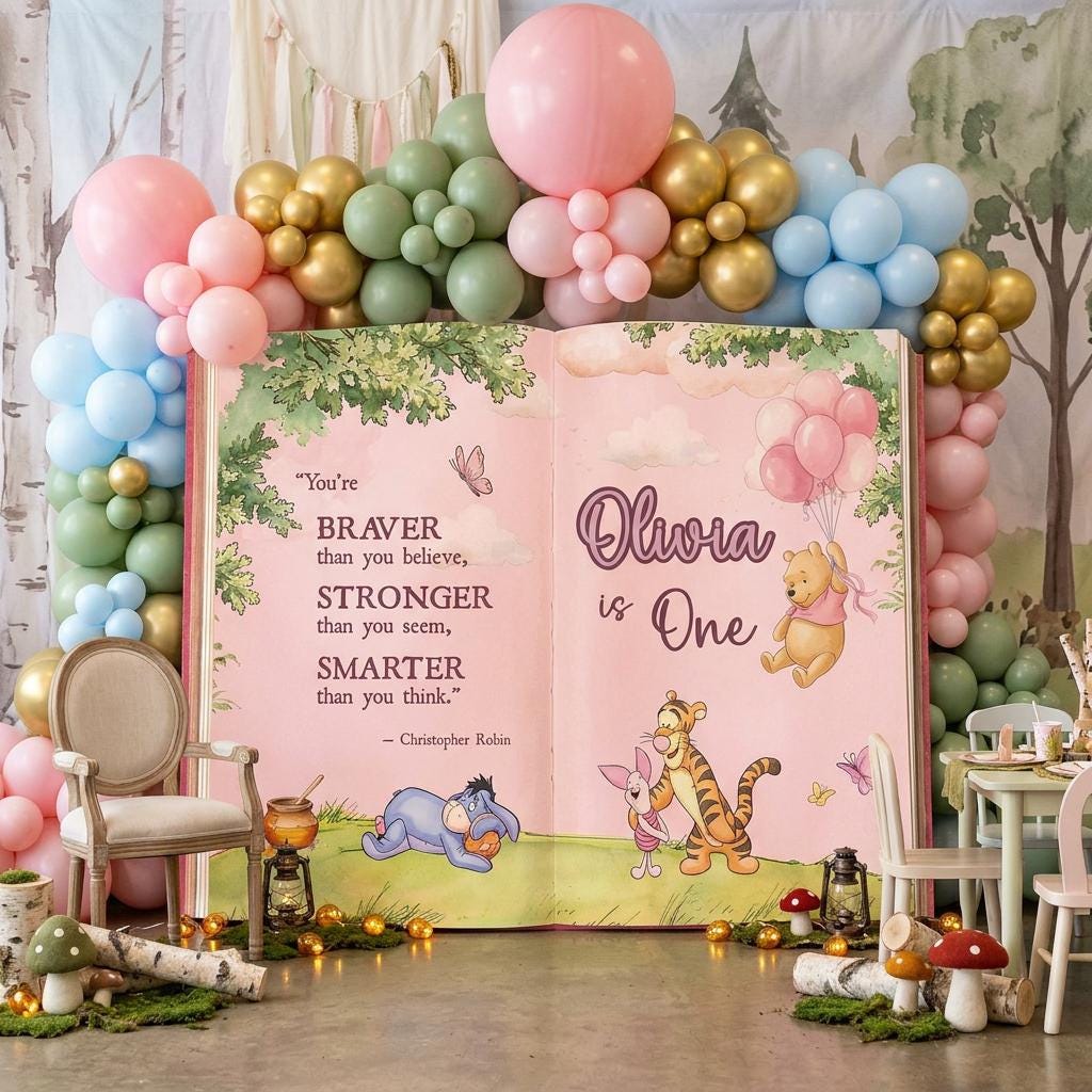 Honey Bear Pink Backdrop (Braver Quote Book), Storybook, Open Book, First Birthday Decor, Welcome Sign, Baby Girl, Fairytale