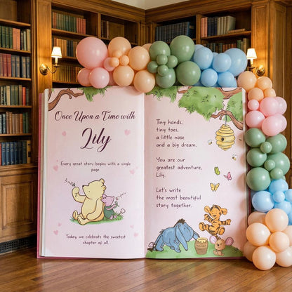 Honey Bear Pink Backdrop, Storybook, Open Book, First Birthday Decor, Welcome Sign, Baby Girl, Fairytale, Baby Shower