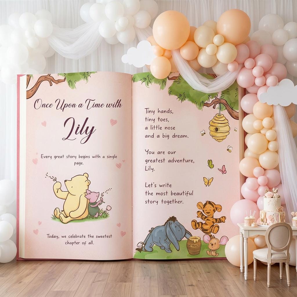 Honey Bear Pink Backdrop, Storybook, Open Book, First Birthday Decor, Welcome Sign, Baby Girl, Fairytale, Baby Shower