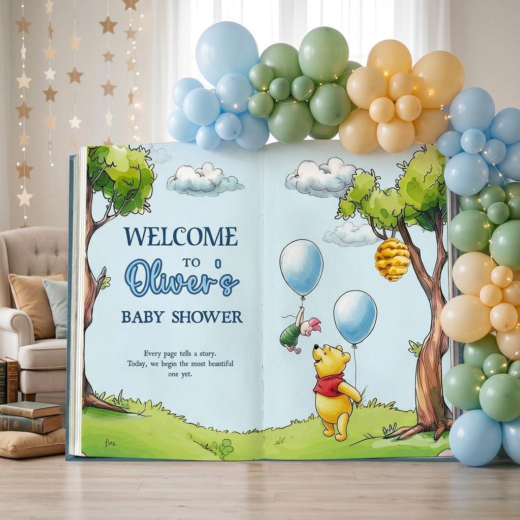 Honey Bear Backdrop (Green Balloon Page), Storybook, Open Book, First Birthday Decor, Welcome Sign, New Baby, Bear Baby Shower, Baby Announcement Sign