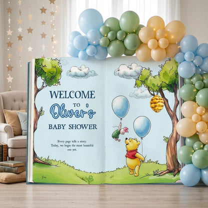 Honey Bear Backdrop (Green Balloon Page), Storybook, Open Book, First Birthday Decor, Welcome Sign, New Baby, Bear Baby Shower, Baby Announcement Sign