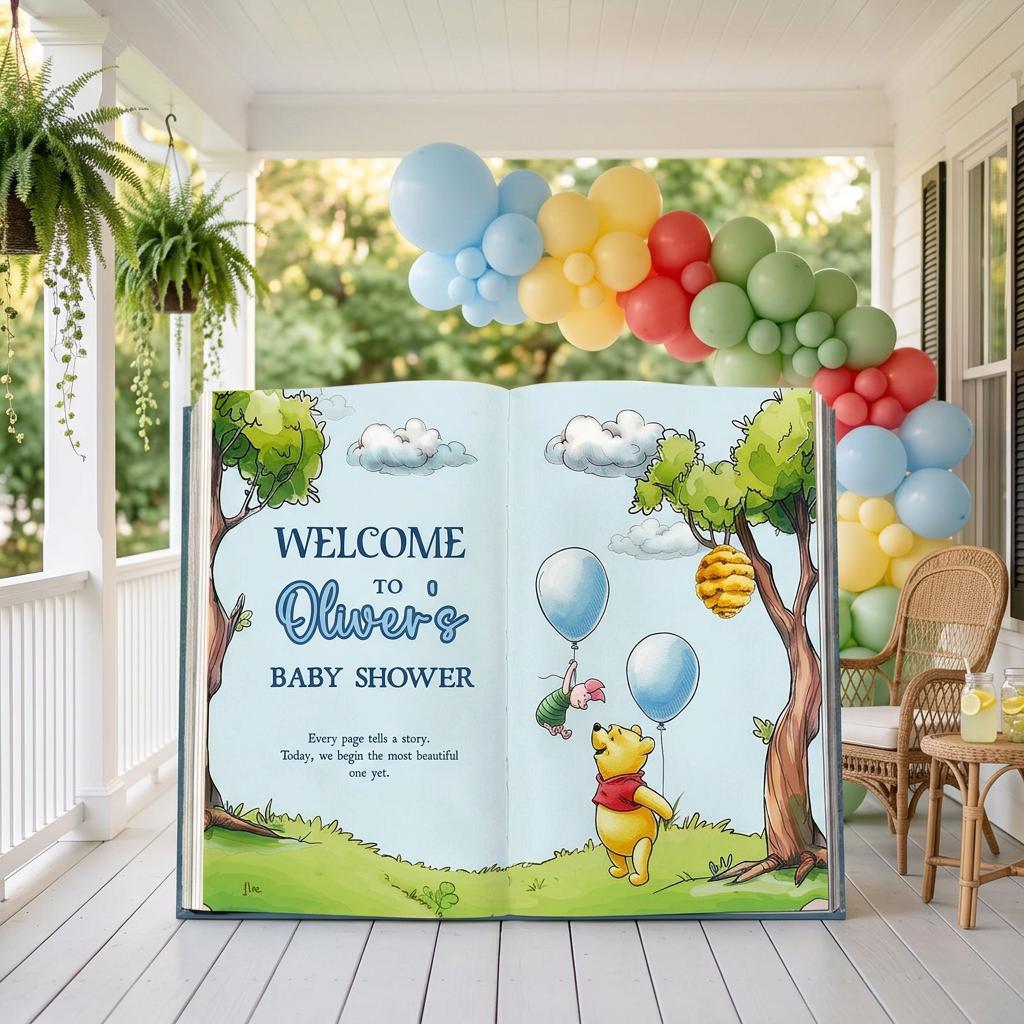 Honey Bear Backdrop (Green Balloon Page), Storybook, Open Book, First Birthday Decor, Welcome Sign, New Baby, Bear Baby Shower, Baby Announcement Sign