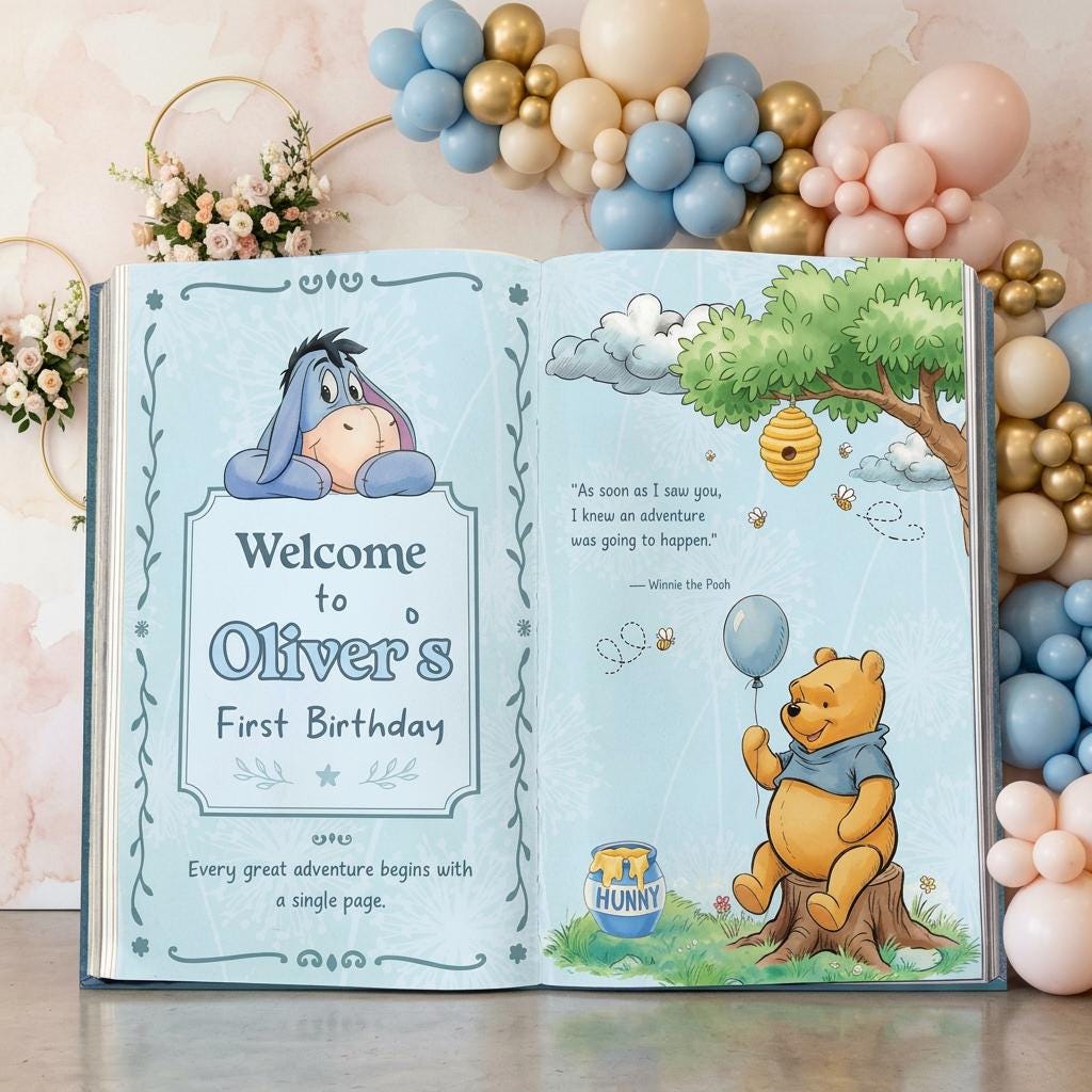 Honey Bear Large Backdrop (Donkey & Bear Page), Storybook, Open Book, First Birthday Decor, Welcome Sign, New Baby, Fairytale, Baby Boy