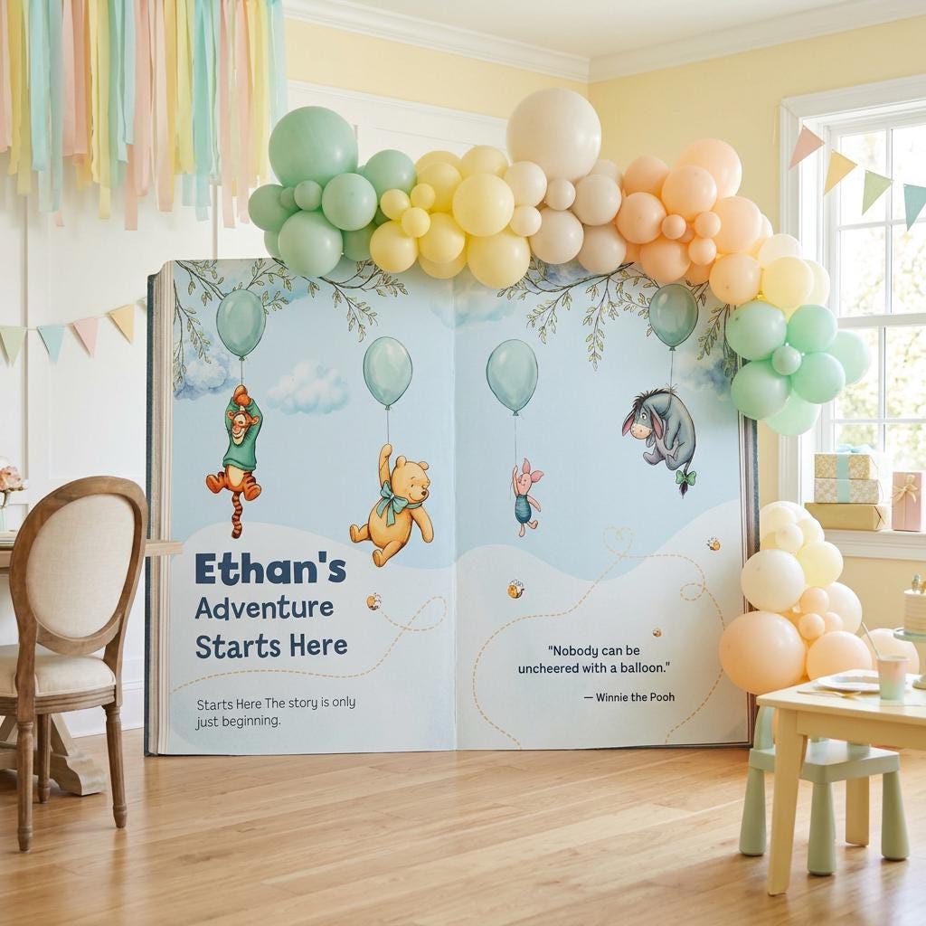 Honey Bear Blue Backdrop (Balloon Sky Page), Storybook, Open Book, First Birthday Decor, Welcome Sign, Baby Boy, Fairytale, Baby Shower