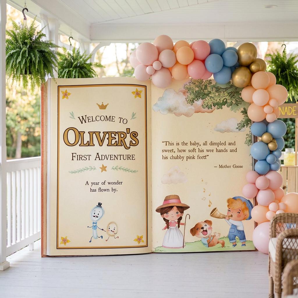 Nursery Rhymes 1st Birthday Backdrop, Storybook, Open Book, Welcome Sign, Fairytale, Mother Goose Baby Shower, Gender Neutral
