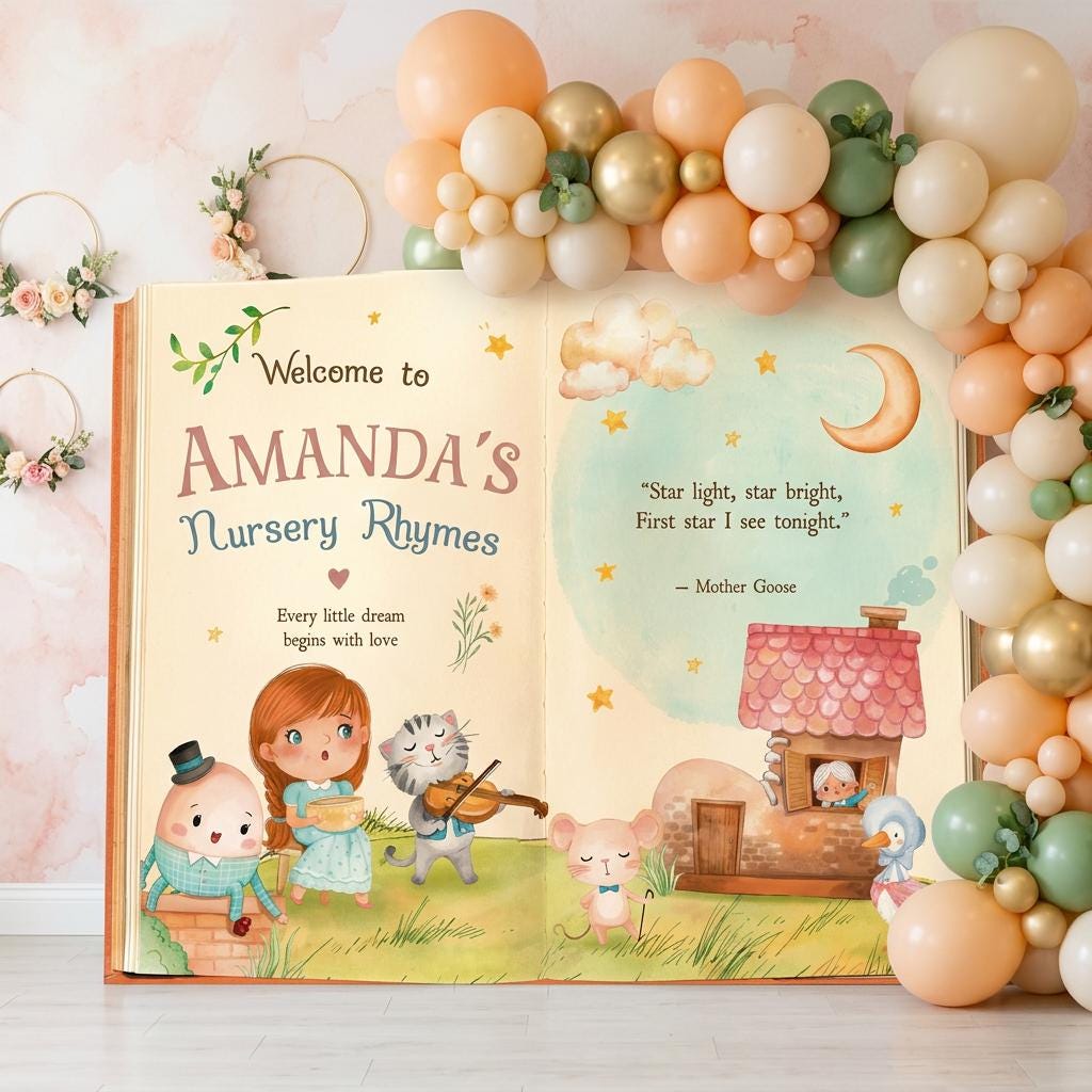 Nursery Rhymes Baby Shower Backdrop, Storybook, Welcome Sign, Fairytale, Mother Goose, Gender Neutral, 1st Birthday