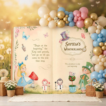 Alice in Wonderland Baby Shower Backdrop, Storybook, Welcome Sign, Fairytale, Baby Girl, 1st Birthday, Whimsical Mad Tea Party Decor