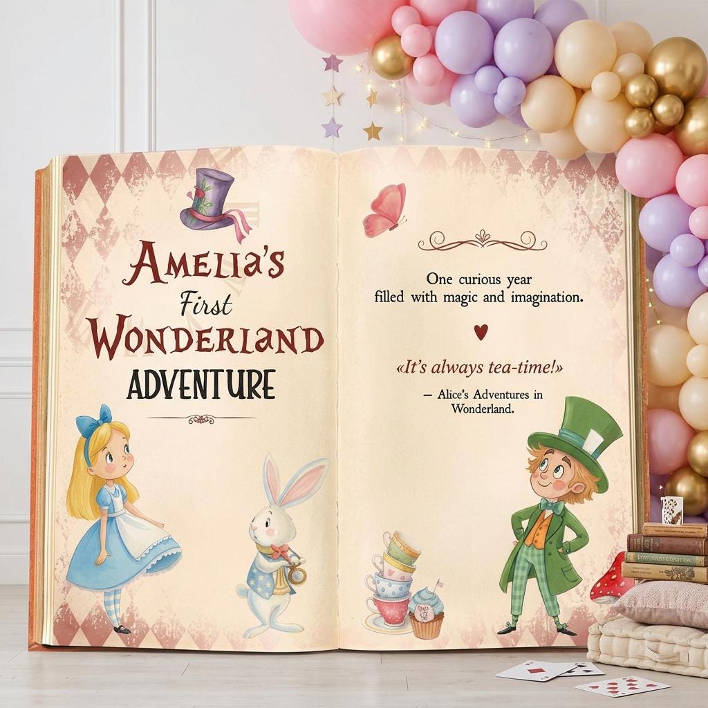 Alice in Wonderland First Birthday Backdrop, Storybook, Welcome Sign, Fairytale, Baby Girl, Whimsical Mad Tea Party Decor, Baby Shower