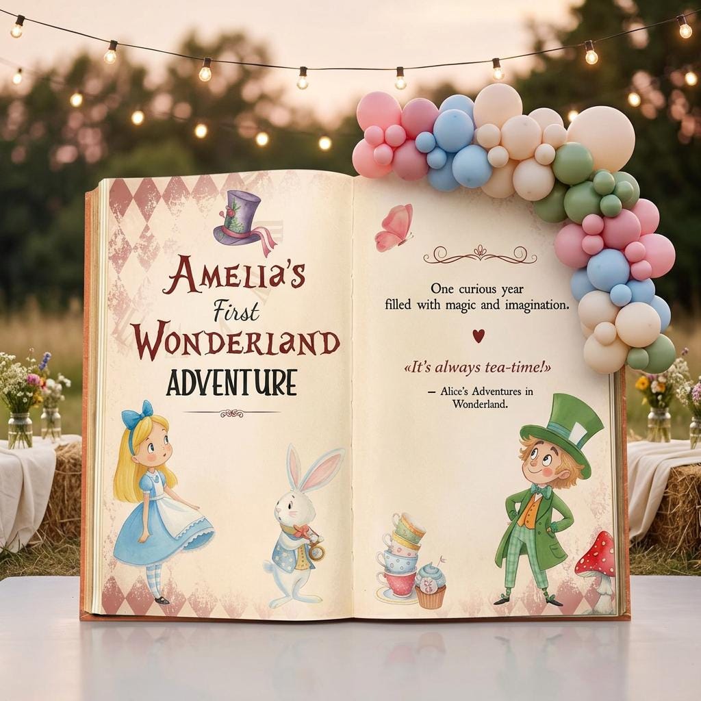 Alice in Wonderland First Birthday Backdrop, Storybook, Welcome Sign, Fairytale, Baby Girl, Whimsical Mad Tea Party Decor, Baby Shower