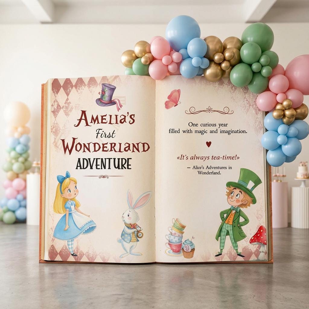 Alice in Wonderland First Birthday Backdrop, Storybook, Welcome Sign, Fairytale, Baby Girl, Whimsical Mad Tea Party Decor, Baby Shower