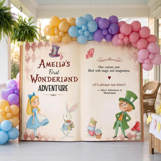 Alice in Wonderland Backdrop — custom party decor, printed and cut to shape