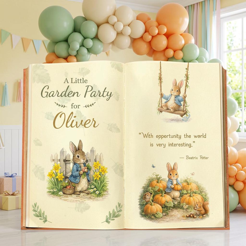 Garden Bunny 1st Birthday Backdrop, Storybook, Open Book, First Birthday Decor, Welcome Sign, Storybook, Bunny Baby Shower