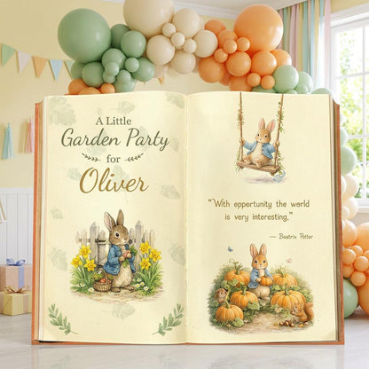 Garden Bunny 1st Birthday Backdrop, Storybook, Open Book, First Birthday Decor, Welcome Sign, Storybook, Bunny Baby Shower