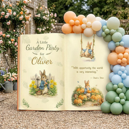Garden Bunny 1st Birthday Backdrop, Storybook, Open Book, First Birthday Decor, Welcome Sign, Storybook, Bunny Baby Shower