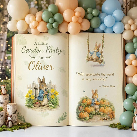 Garden Bunny Backdrop — custom party decor, printed and cut to shape