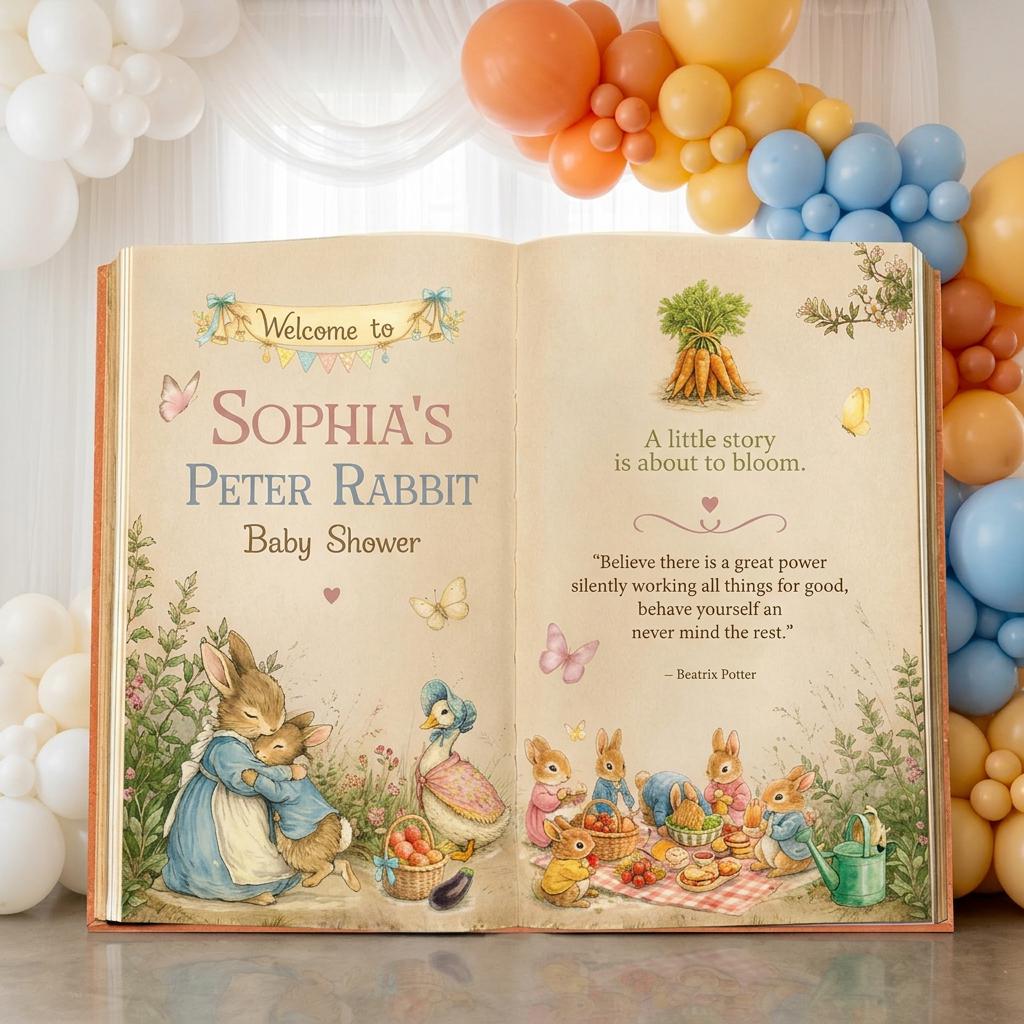 Garden Bunny Baby Shower Backdrop, Storybook, Open Book, First Birthday Decor, Welcome Sign, Storybook, Bunny Baby Shower