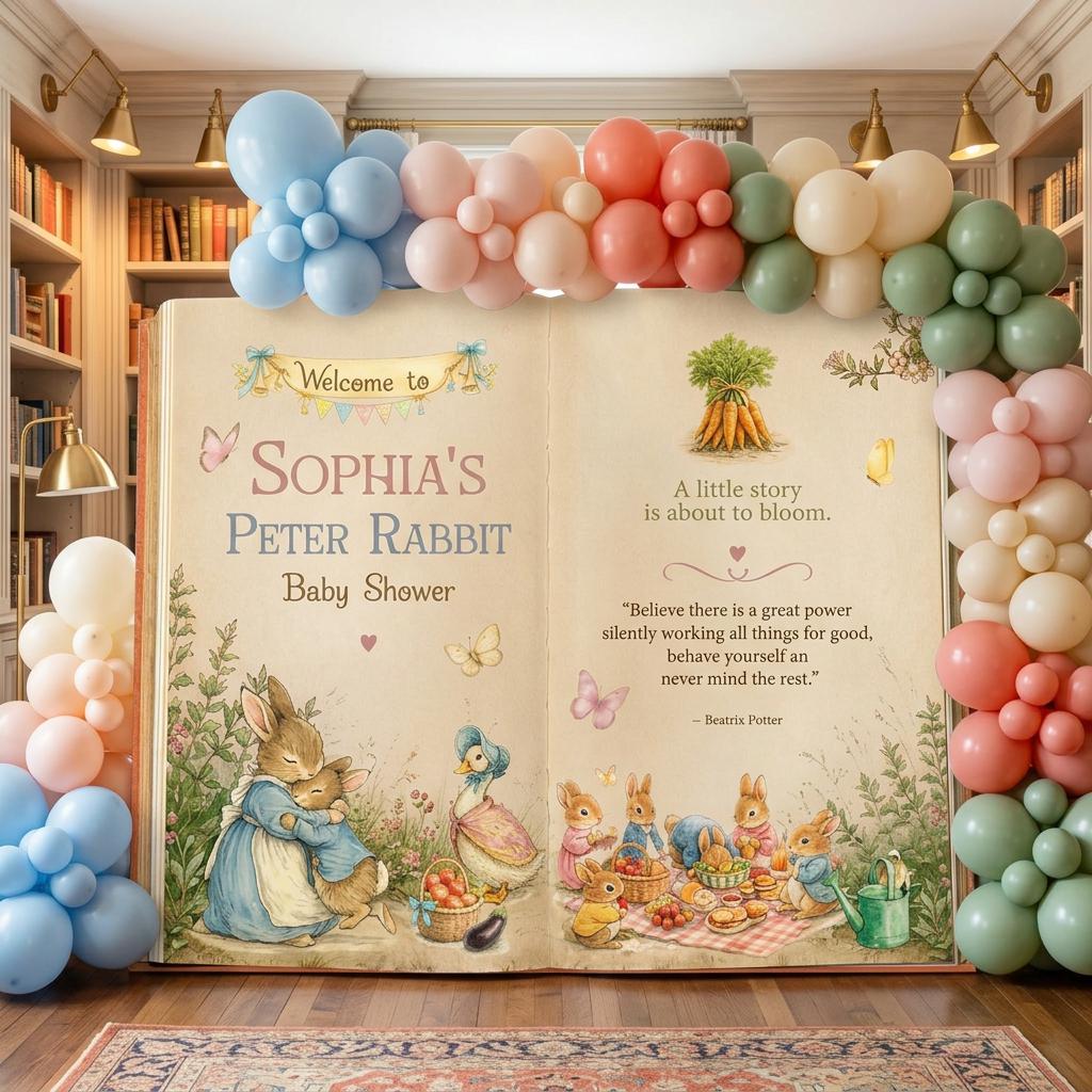 Garden Bunny Baby Shower Backdrop, Storybook, Open Book, First Birthday Decor, Welcome Sign, Storybook, Bunny Baby Shower