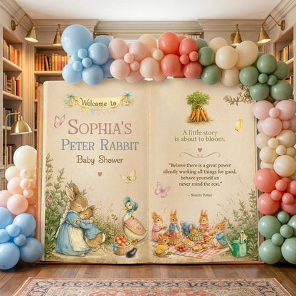 Garden Bunny Baby Shower Backdrop, Storybook, Open Book, First Birthday Decor, Welcome Sign, Storybook, Bunny Baby Shower