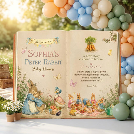 Garden Bunny Baby Shower Backdrop — custom party decor, printed and cut to shape