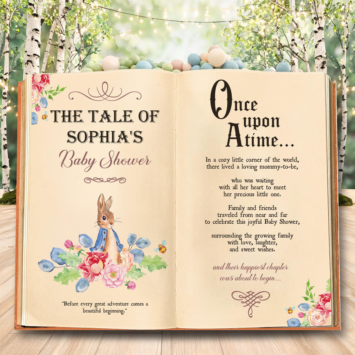 Once Upon A Time Garden Bunny Backdrop — custom party decor, printed and cut to shape