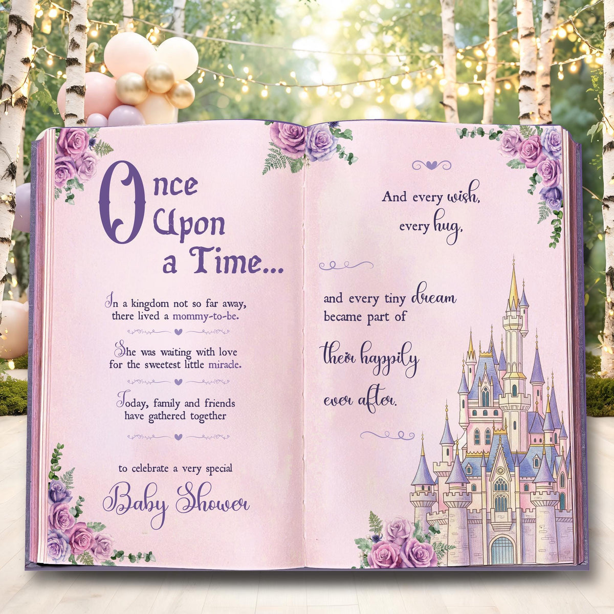 Once Upon A Time Book Backdrop (Purple Castle Book), Princess Castle, Storybook, First Birthday Decor, Welcome Sign, Fairytale Baby Shower