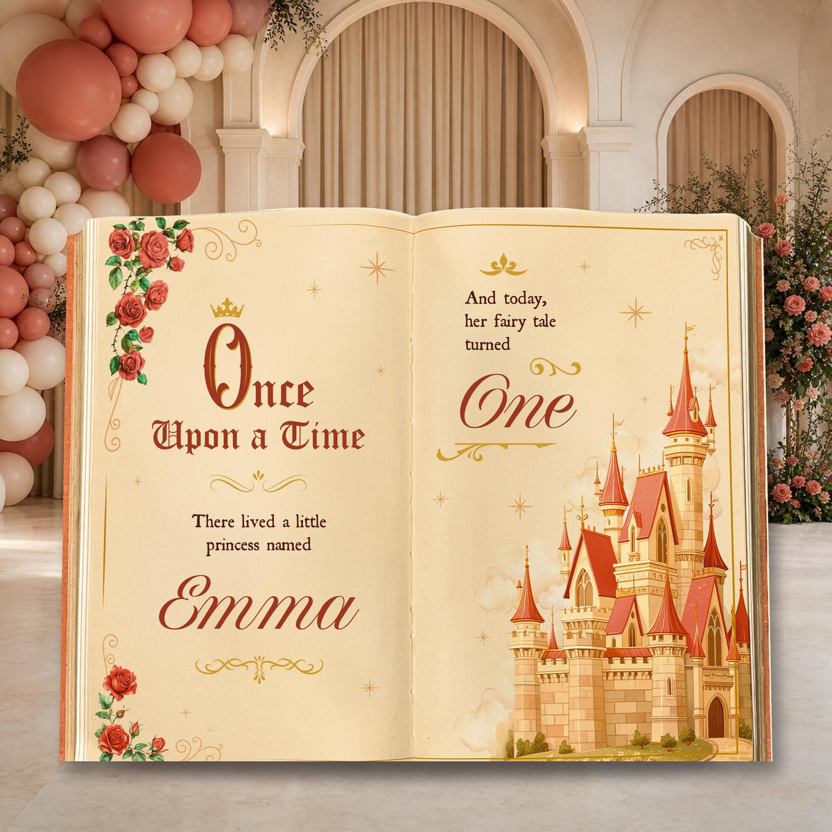Once Upon A Time Book Backdrop (Rose Castle Book), Princess Castle, Storybook, First Birthday Decor, Welcome Sign, Fairytale Baby Shower, Happily Ever After