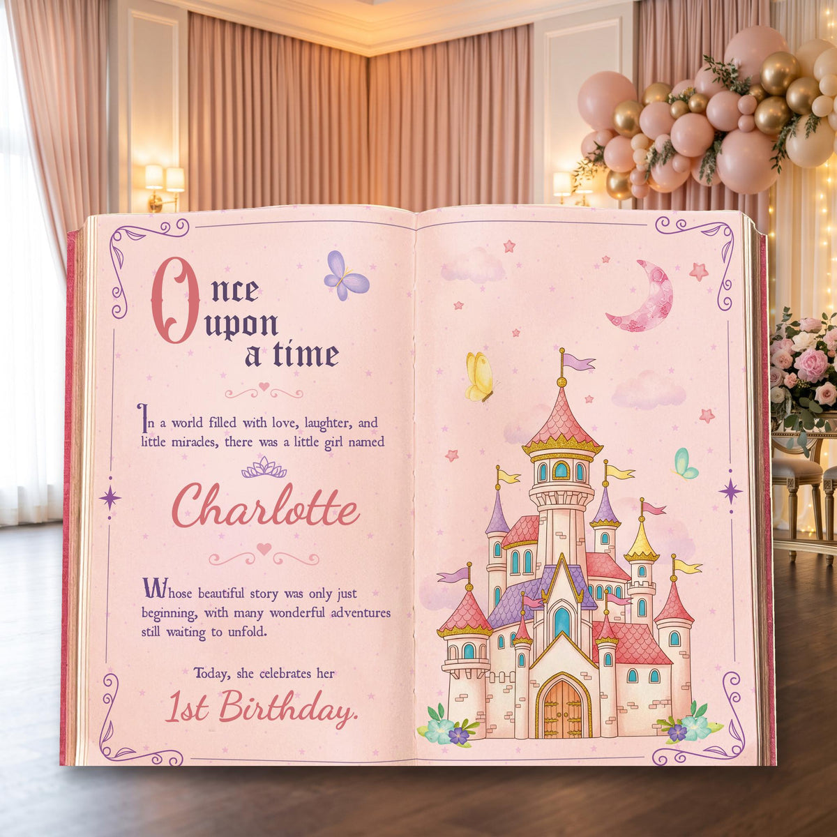 Once Upon A Time Book Backdrop (Pink Castle Book), Princess Castle, Storybook, First Birthday Decor, Welcome Sign, Fairytale Baby Shower, Happily Ever After