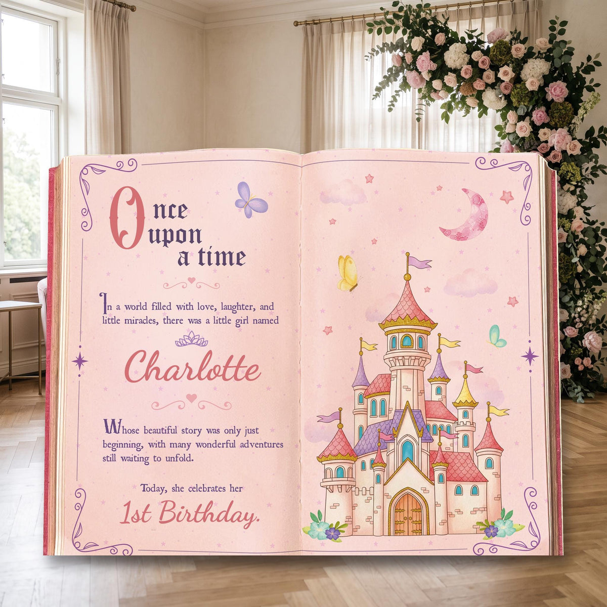 Once Upon A Time Book Backdrop (Pink Castle Book), Princess Castle, Storybook, First Birthday Decor, Welcome Sign, Fairytale Baby Shower, Happily Ever After