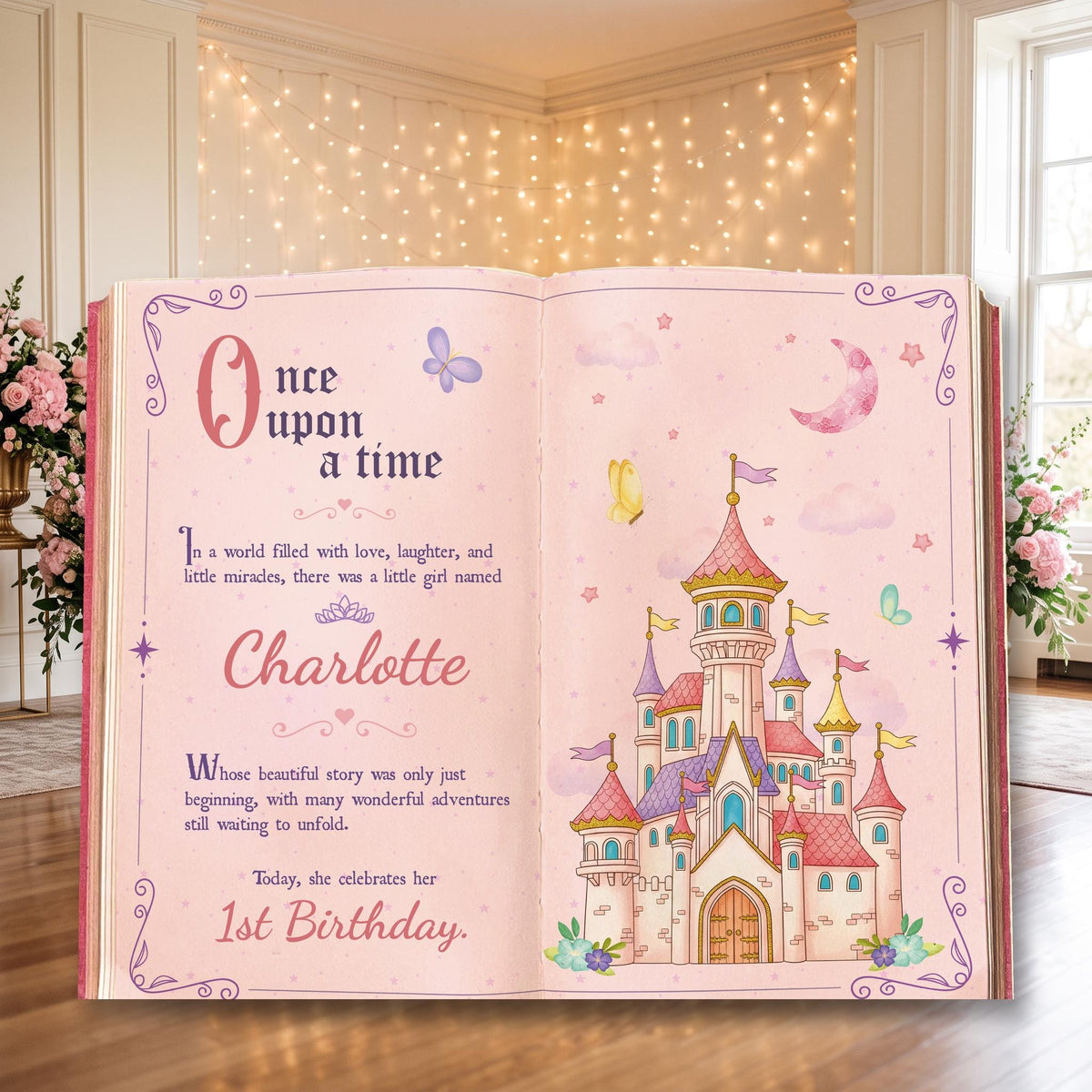 Once Upon A Time Book Backdrop (Pink Castle Book), Princess Castle, Storybook, First Birthday Decor, Welcome Sign, Fairytale Baby Shower, Happily Ever After