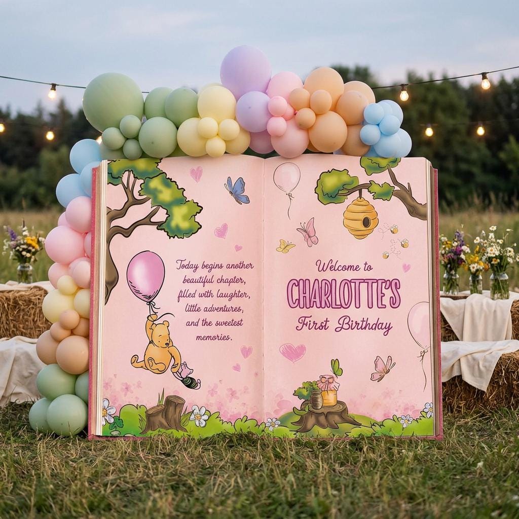 Honey Bear Pink Backdrop (Fairy Tale Pink Book), Storybook, Open Book, First Birthday Decor, Welcome Sign, Baby Girl, Fairytale