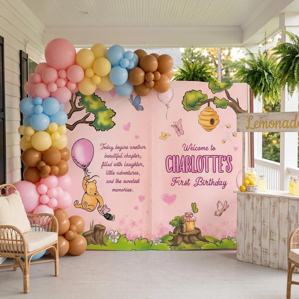Honey Bear Pink Backdrop (Fairy Tale Pink Book), Storybook, Open Book, First Birthday Decor, Welcome Sign, Baby Girl, Fairytale