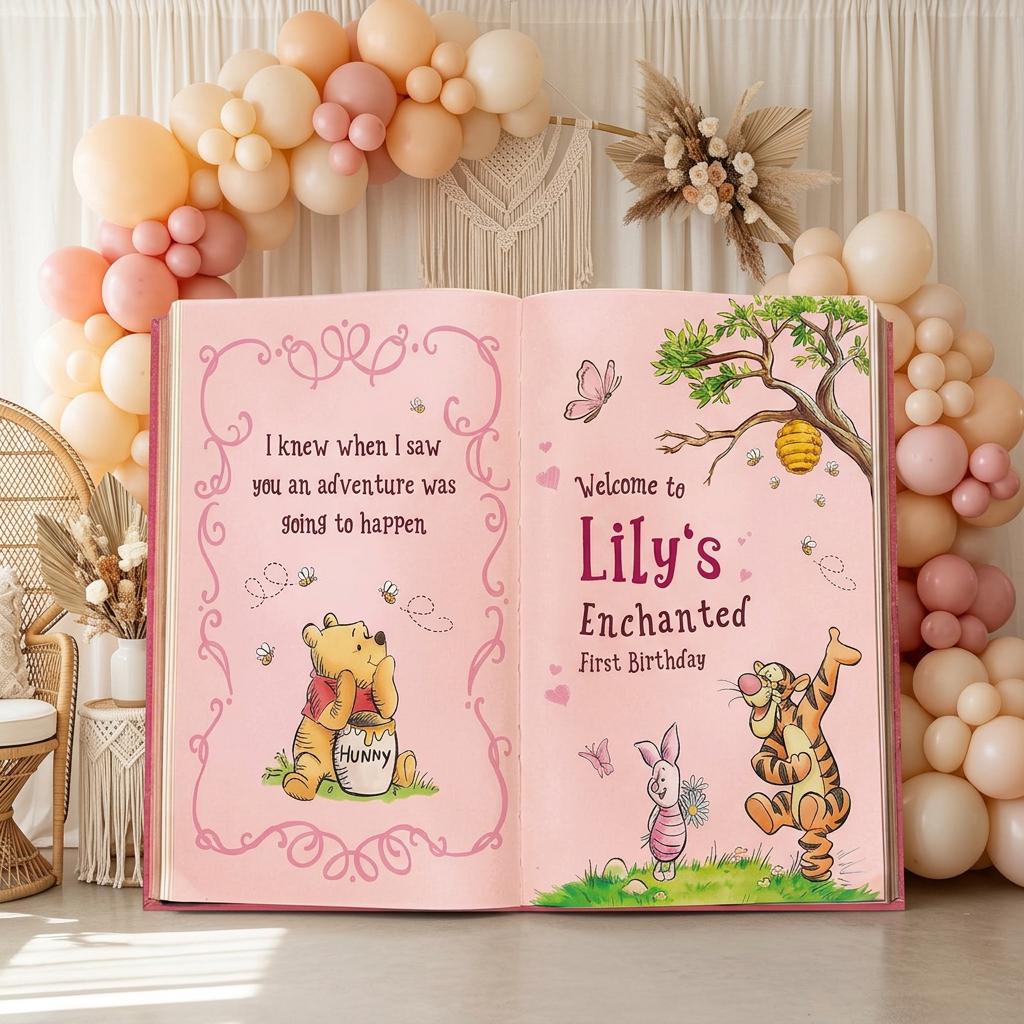 Honey Bear Pink Backdrop (Enchanted Pink Book), Storybook, Open Book, First Birthday Decor, Welcome Sign, Baby Girl, Fairytale