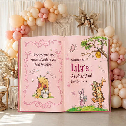 Honey Bear Pink Backdrop (Enchanted Pink Book), Storybook, Open Book, First Birthday Decor, Welcome Sign, Baby Girl, Fairytale