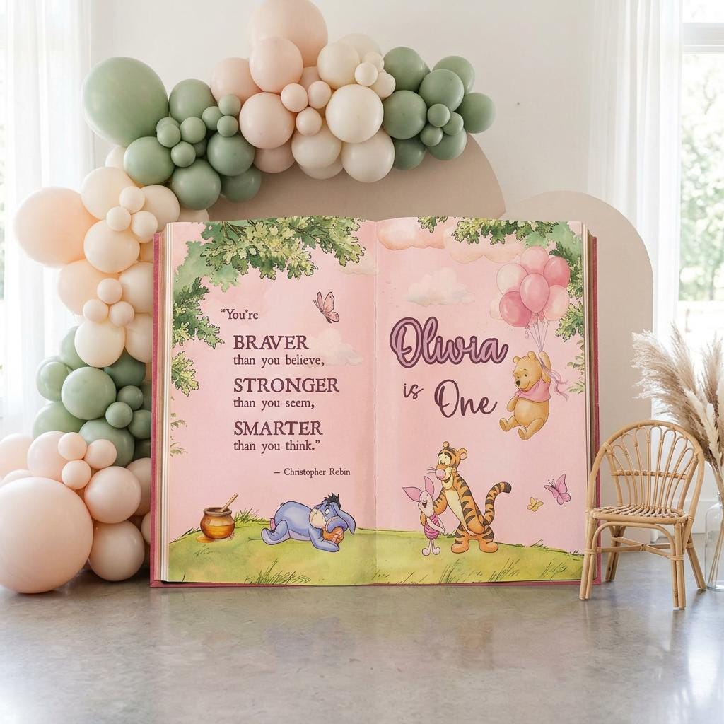 Honey Bear Pink Backdrop (Braver Quote Book), Storybook, Open Book, First Birthday Decor, Welcome Sign, Baby Girl, Fairytale