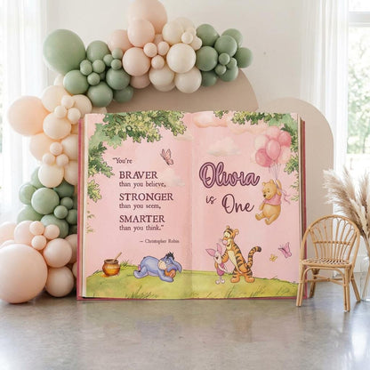 Honey Bear Pink Backdrop (Braver Quote Book), Storybook, Open Book, First Birthday Decor, Welcome Sign, Baby Girl, Fairytale