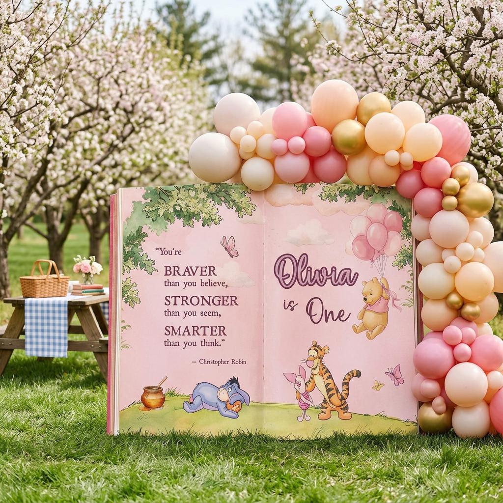Honey Bear Pink Backdrop (Braver Quote Book), Storybook, Open Book, First Birthday Decor, Welcome Sign, Baby Girl, Fairytale