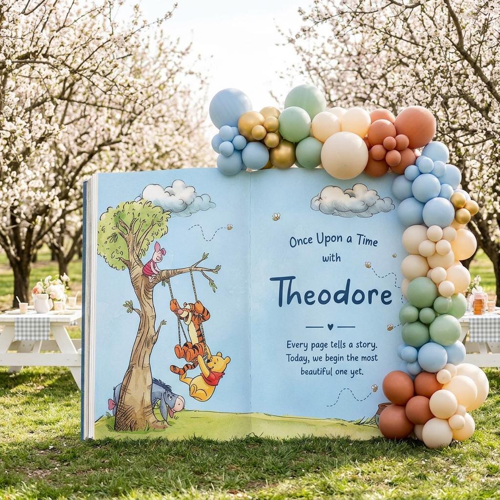 Honey Bear Blue Backdrop (Tree Page), Storybook, Open Book, First Birthday Decor, Welcome Sign, Baby Boy, Fairytale, Baby Shower